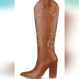 Brown Tan Embroidered Knee-High Women's Cowgirl Boots Like New